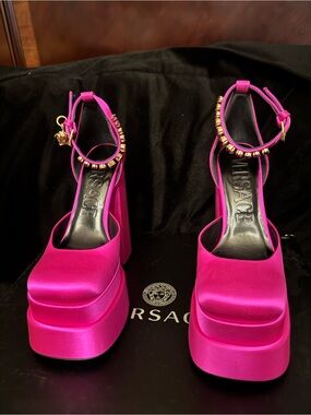 Versace Hot Pink Satin Platform Ankle-Strap Heels with Gold Bead Charm
